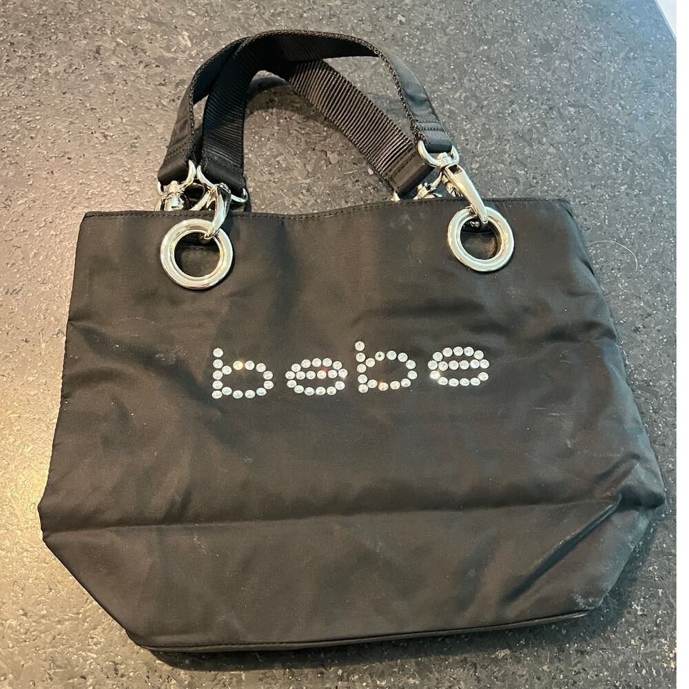 Vintage Y2K black nylon tote bag bebe rhinestones purse bag McBling Bedazzled